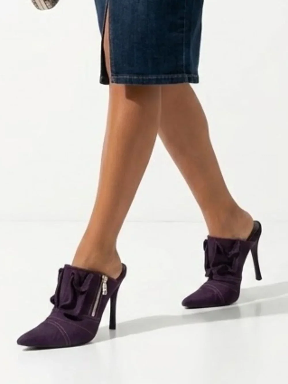 EGO Y2K Baddie Purple Denim Americana Pointed Toe Zipper Stiletto Mules Size 9